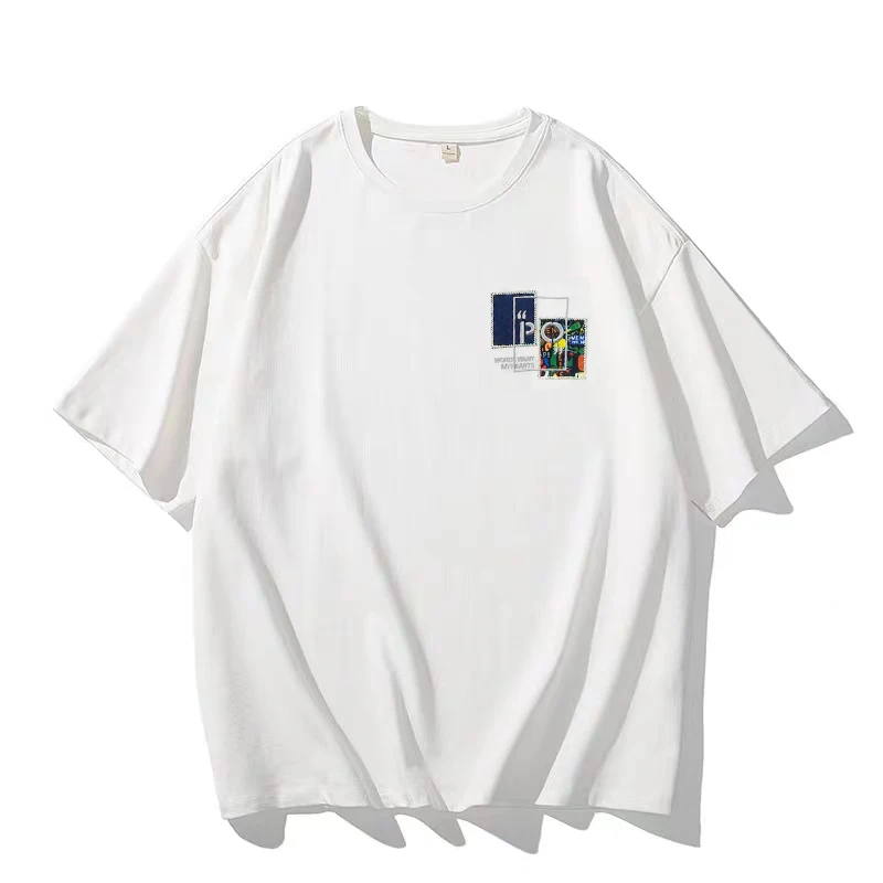

New Pasting embroidery Pattern T Shirt for Men Summer Short Sleeve Tee Cotton Plain Top Casual Loose Street Men Clothes M-4XL