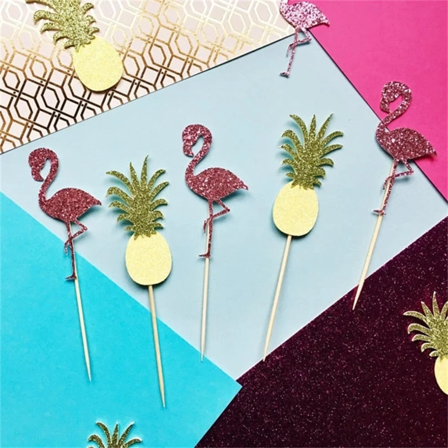 

glitter Flamingo & Pineapple wedding birthday cupcake toppers Hawaiian Luau party decoration doughnut toothpicks