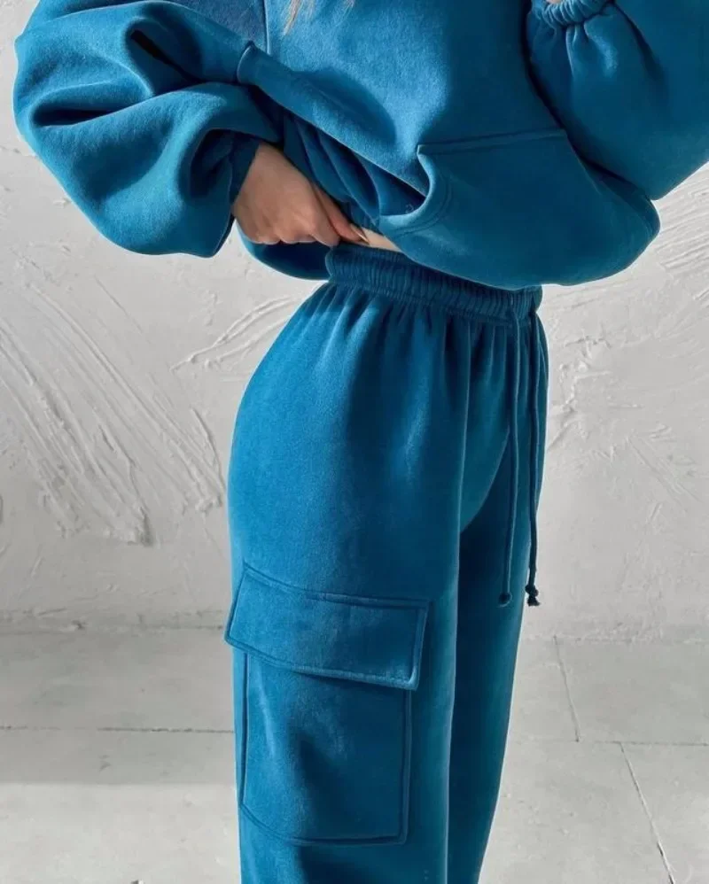 Korean Women Fashion Tracksuit Solid Color Sportswear 2 Pieces Hooded Sweatshirt Sets Oversized Pullover Shirts +pants Suit Y2k