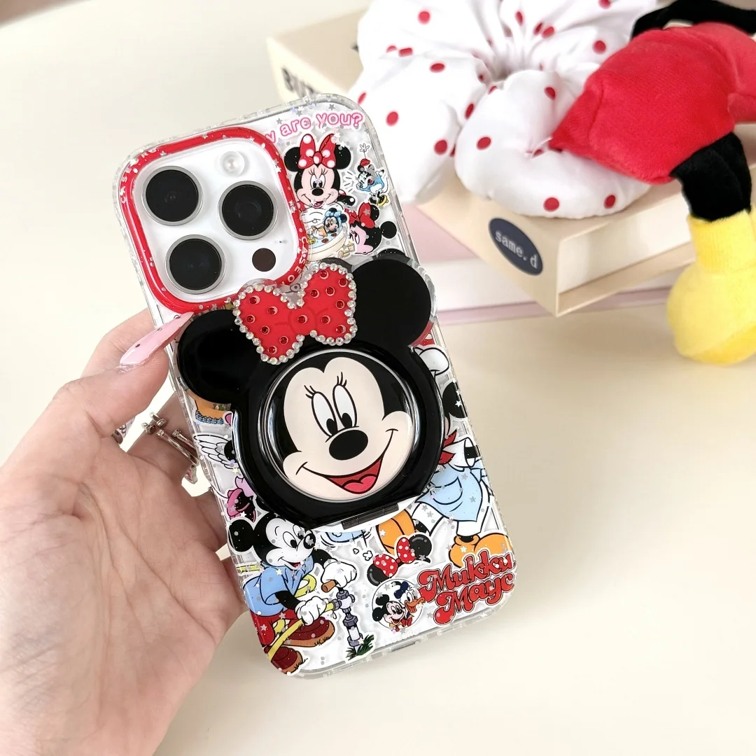 

Luxury Mickey Minnie Mouse Magnetic Bracket For Magsafe Clear Case For iPhone 15 16 14 13 12 Pro Max With Holder Stand Cover