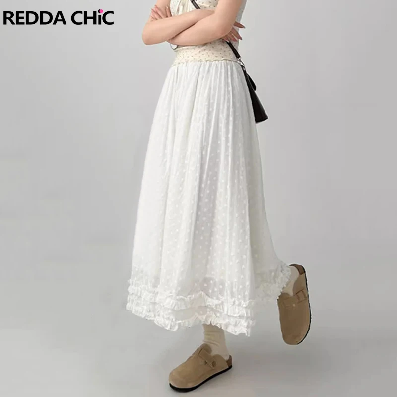 

ReddaChic Tall Girl Floral Jacquard White Skirt Women Elastic Waist A-line Beach Casual Loose Long Balloon Skirt Summer Clothes