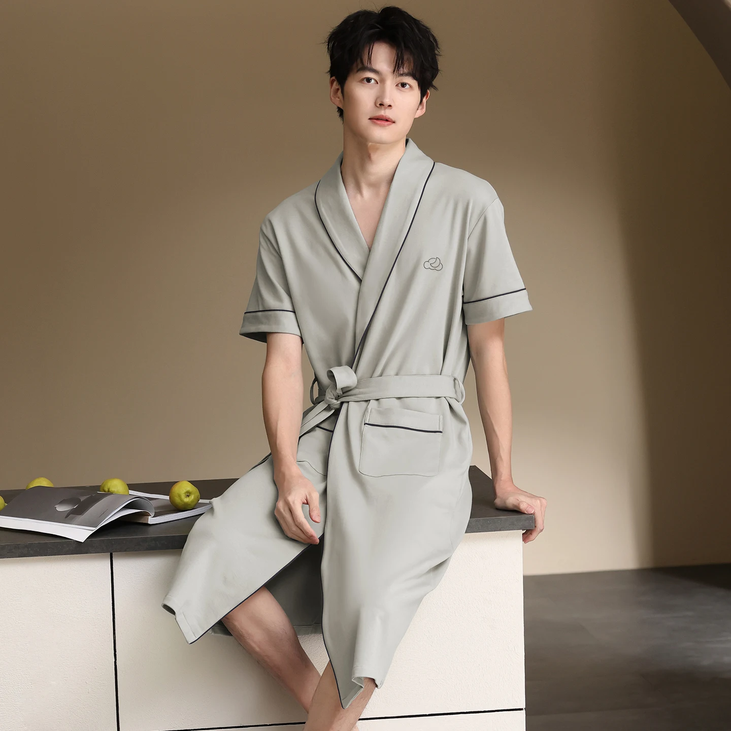 

Summer Bathrobe Men Full Pure Cotton Sleep Top Kimono Robes For Male Solid Color Robes Long Bath Robe Bride Robe Dressing Gown