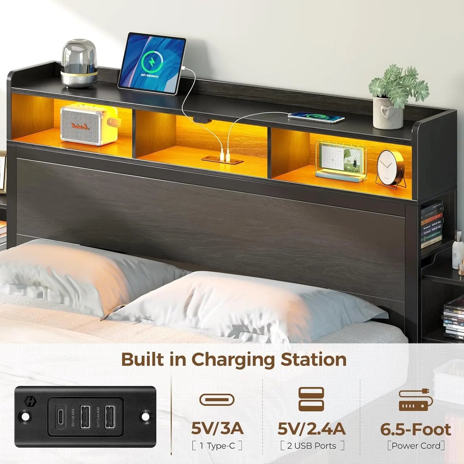 Bed Frame Queen Size with Bookcase Storage Headboard, Slide Out Bedside Storage, Bed with Charging Station & LED Lights