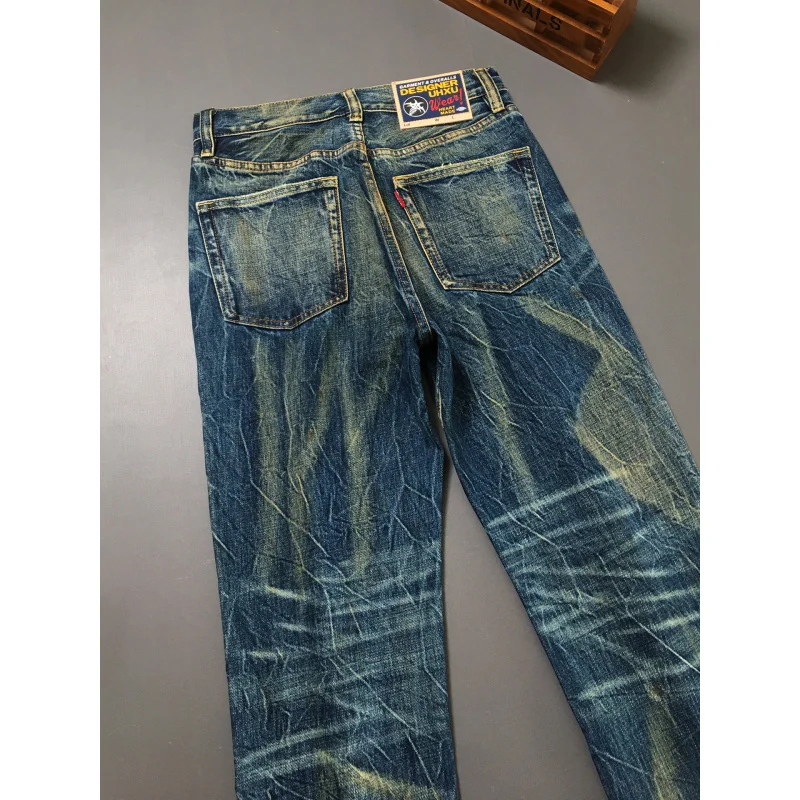 Heavy duty denim pants for men, nostalgic trend 2025 new style, distressed washed loose straight leg scratch jeans