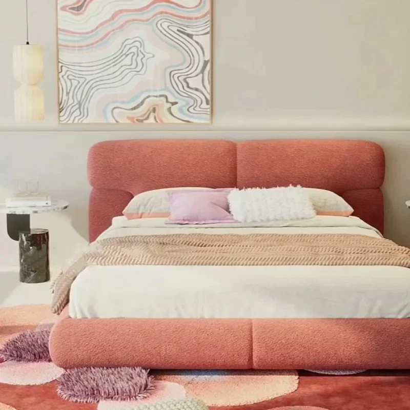 Cream Wind Design Pink Puff Queen Bedroom Double Bed Dopamine Chenier Fabric Wedding
