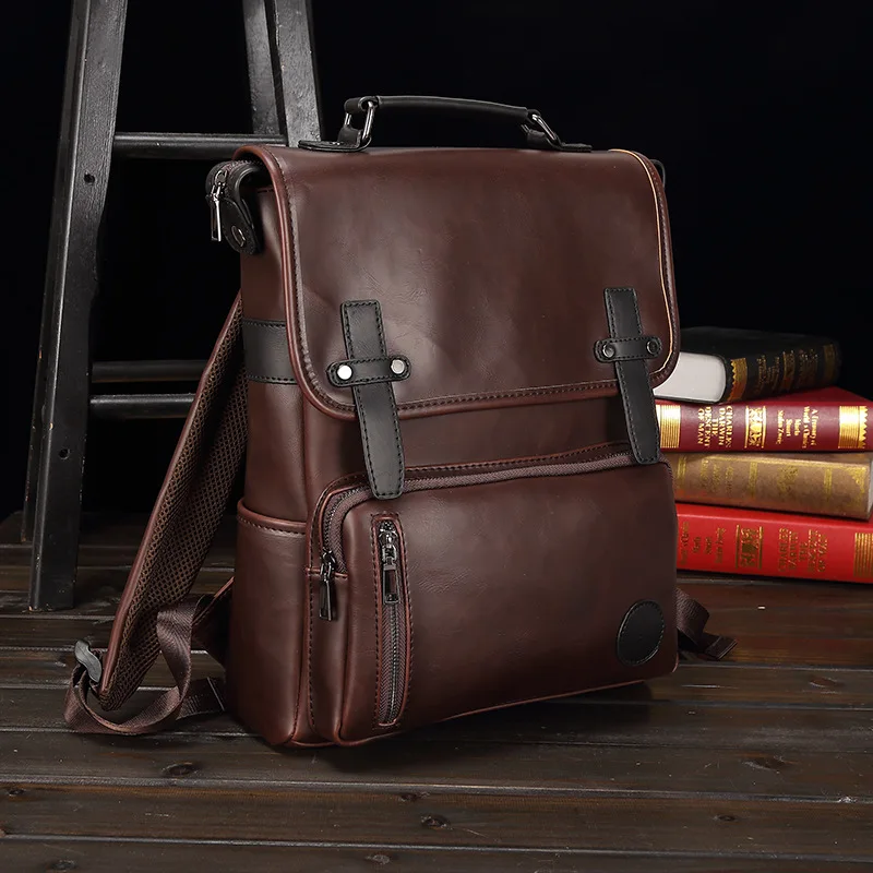 Retro PU leather men's backpack, simple flip cover lock, large capacity 14-inch computer storage portable travel backpack