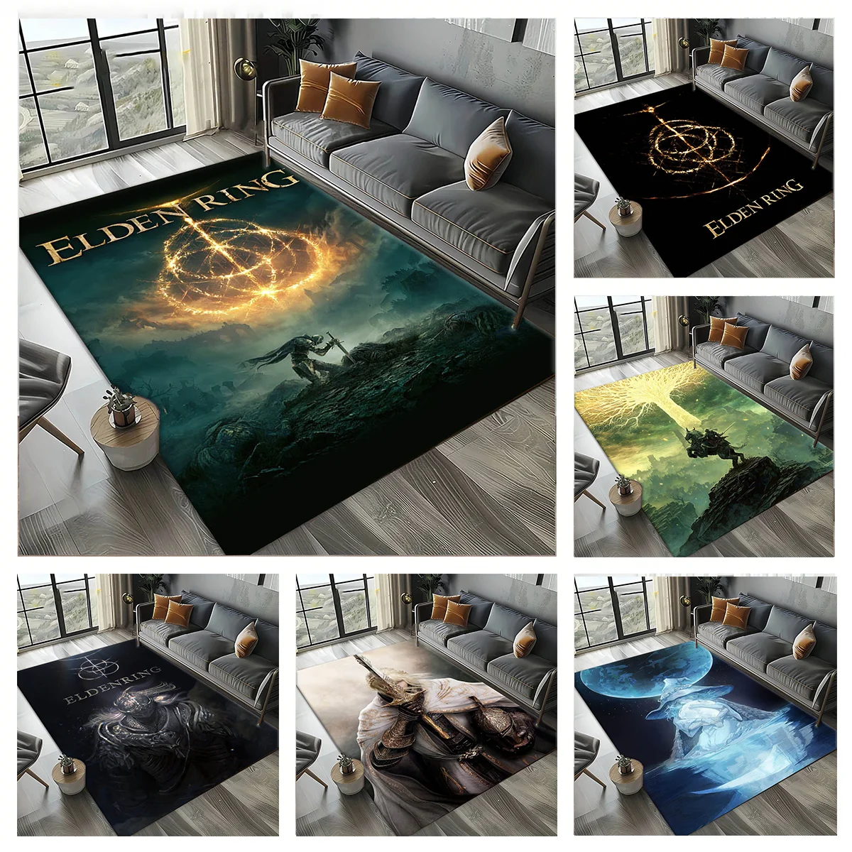 3D E-elden R-Ring Epic Game Vintage Map Carpet Rug Art for Room Decor Sofa Christmas Halloween Gifts Area Rug Non-slip Floor Mat