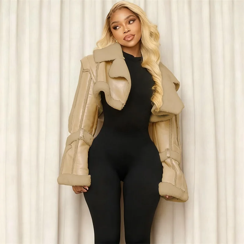 Pu レザー女性コート暖かい冬カジュアルデイリーフォーマルフルスリーブ結婚式のゲストショートジャケットホリデービーチ衣装