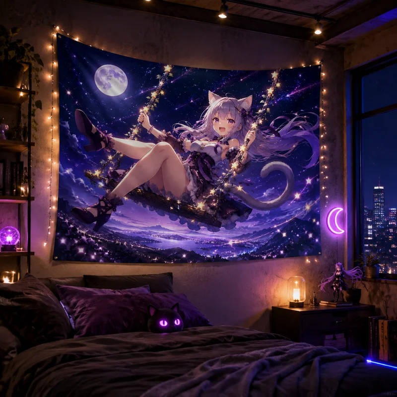 VIKAMA Sweet-Style Candy Anime Tapestry, Soft and Cute Cat-Eared Girl Print Soft Fabric Wall Hanging, Wall Decoration