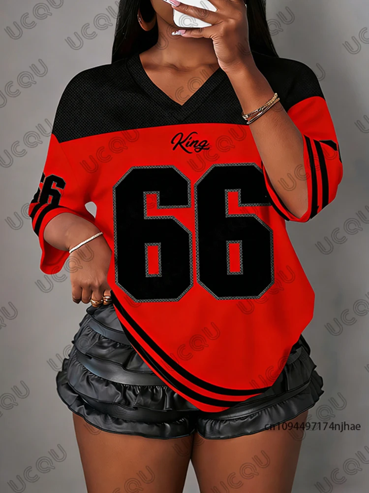 2026 Sommer Neu Retro Letter King 66 Print T-Shirt für Damen V-Ausschnitt Kurzarm Sport Fußballtrikot Y2K Locker Oversized Oberteile