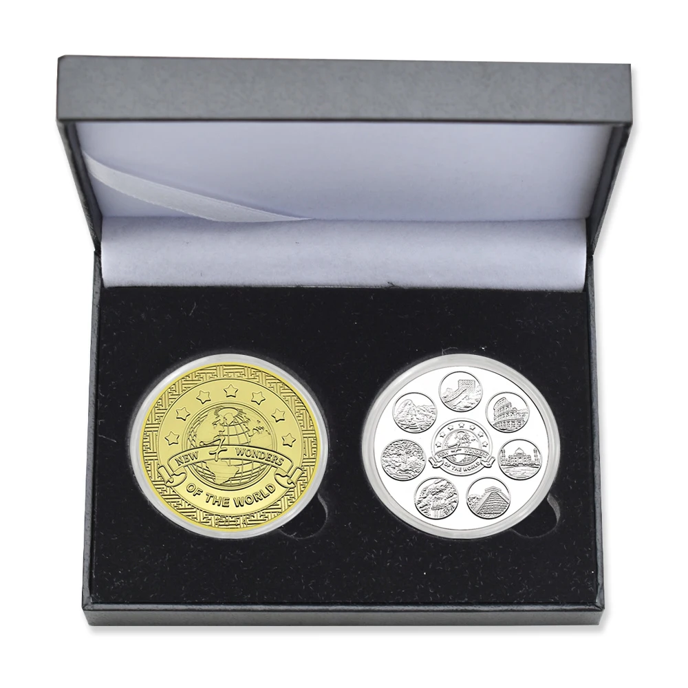 

2pc/box Seven Wonders of The World Architecture Commemorative Coin Metal Challenge Coin with Certificate and Gift Box Collection
