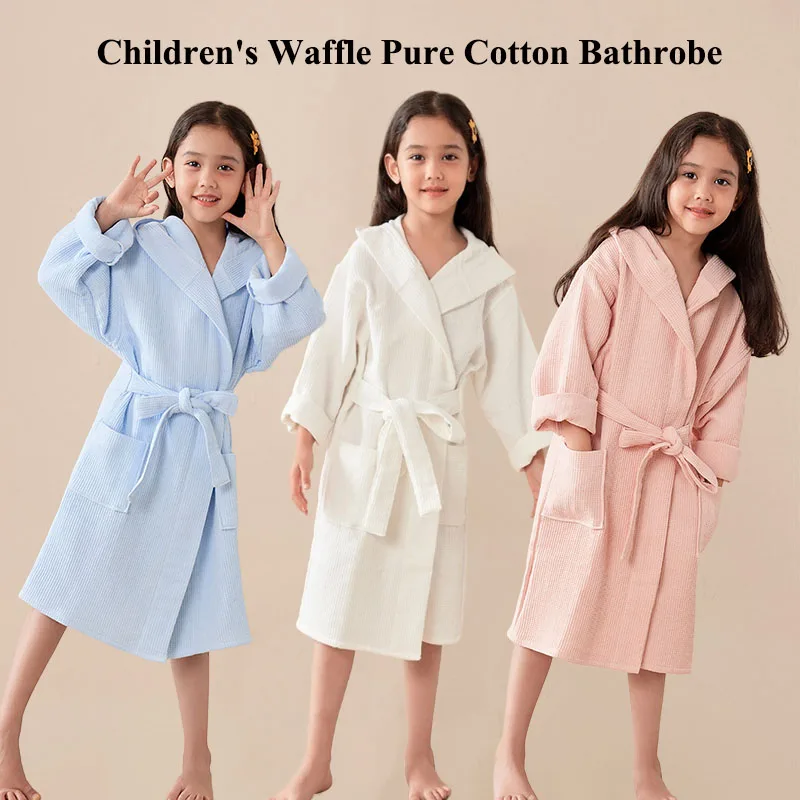 100% Cotton Waffle Kids Hooded Bathrobe Thick Soft Belted Homewear Sleepwear for Girls Boys Bear Solid Design