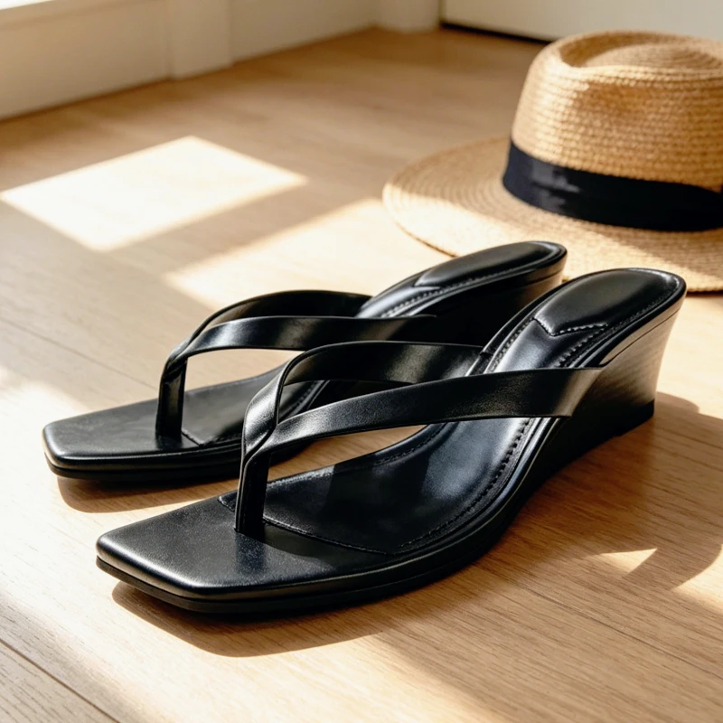 

Luxury Designer Wedge Sandals for Women Summer 2026 Black PU Leather Round Toe Flip Flops Concise Casual Clip Toe Beach Slippers