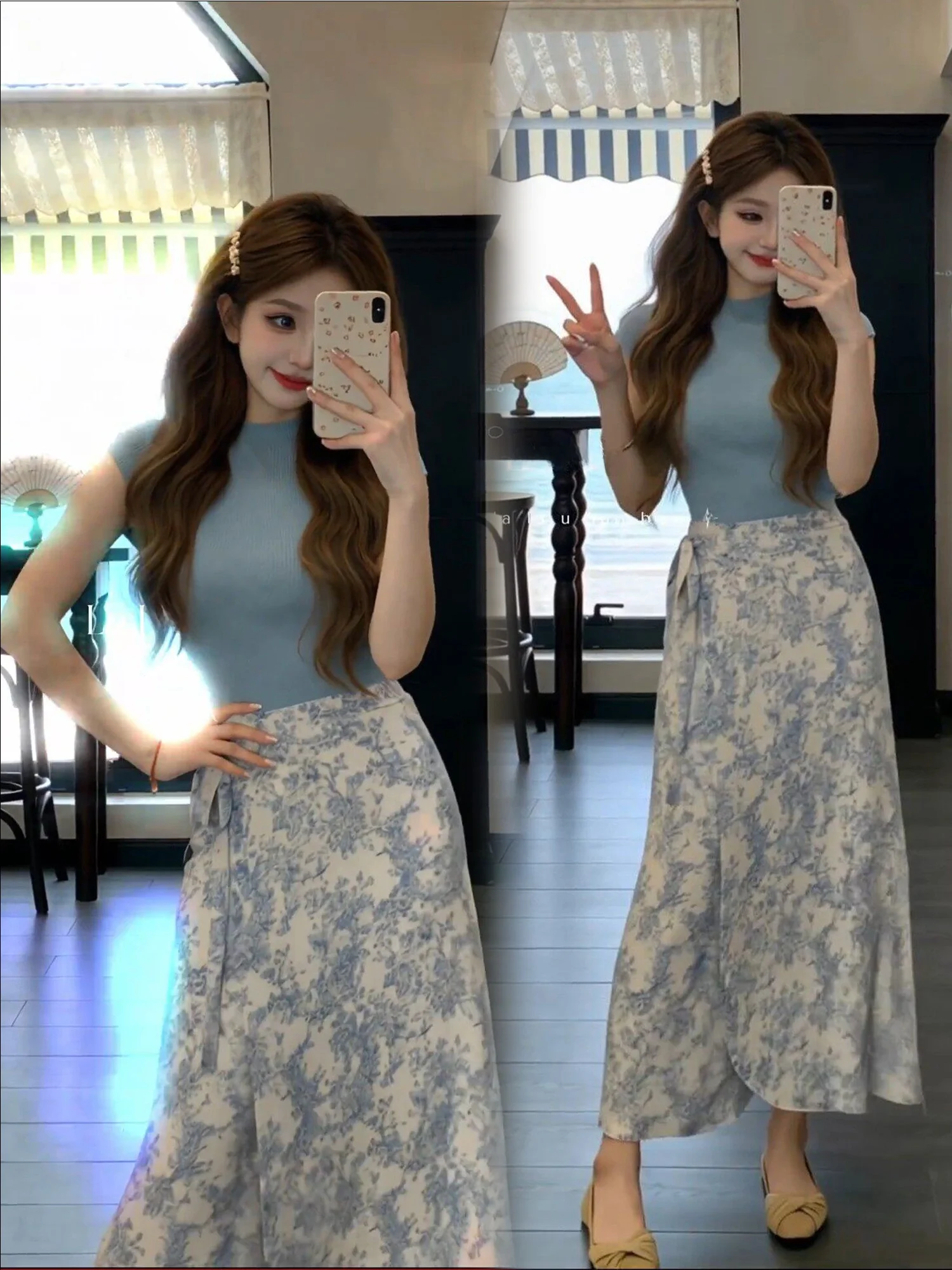 Stunning Summer Floral Print Two-Piece Set Beautiful Sleeveless Midi Skirt Slimming Effect Casual Style Polyester Fabric
