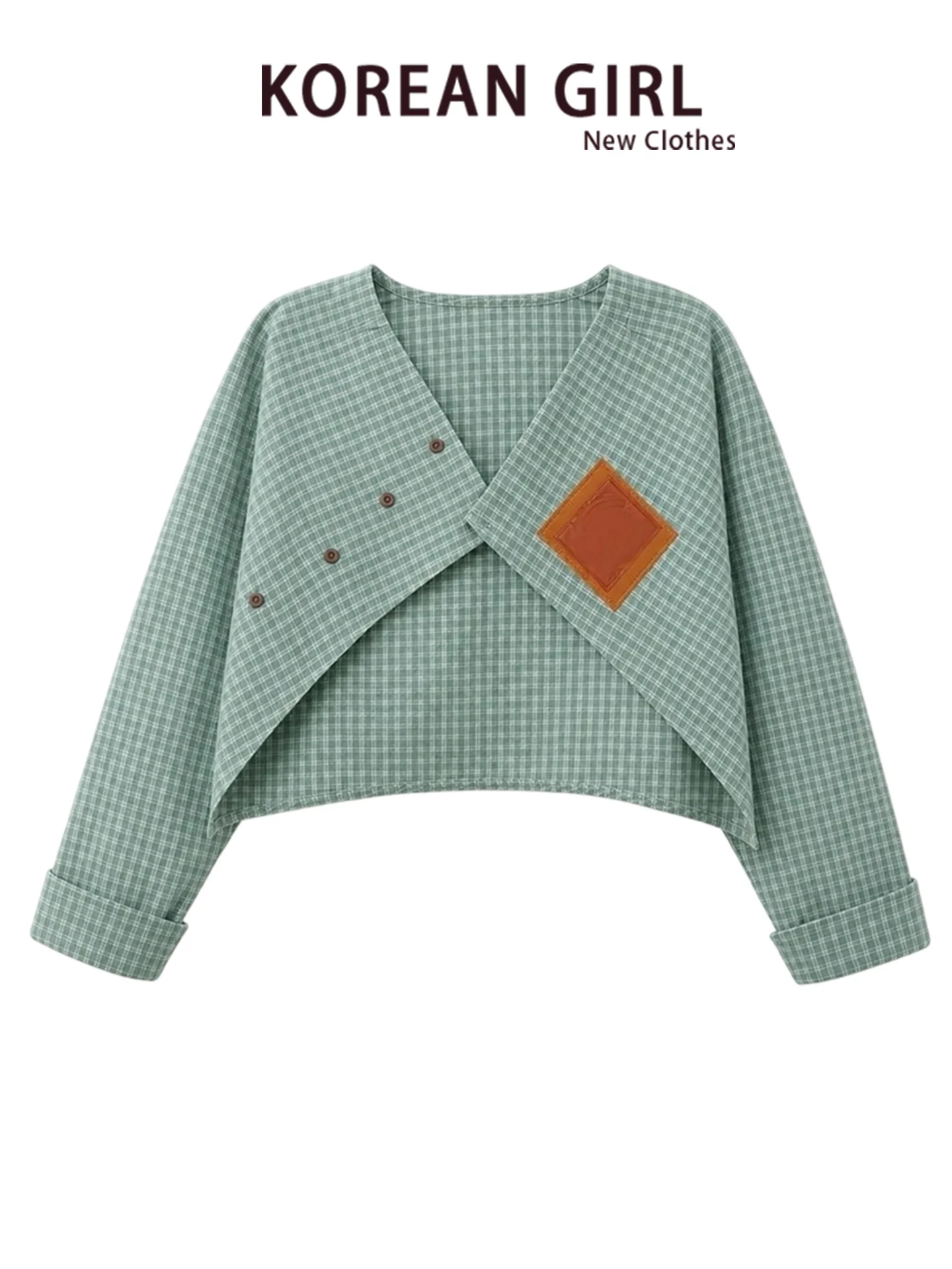 Retro Green Plaid Short Shoulder Drop Shirt Jacket Women's Loose Style Autumn Fashion Top Not Regular Shape Commute Style