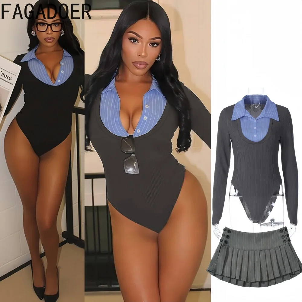 

FAGADOER модная полосатая лоскутная футболка для женщин, однотонные боди с лацканами и длинными рукавами, женская уличная одежда