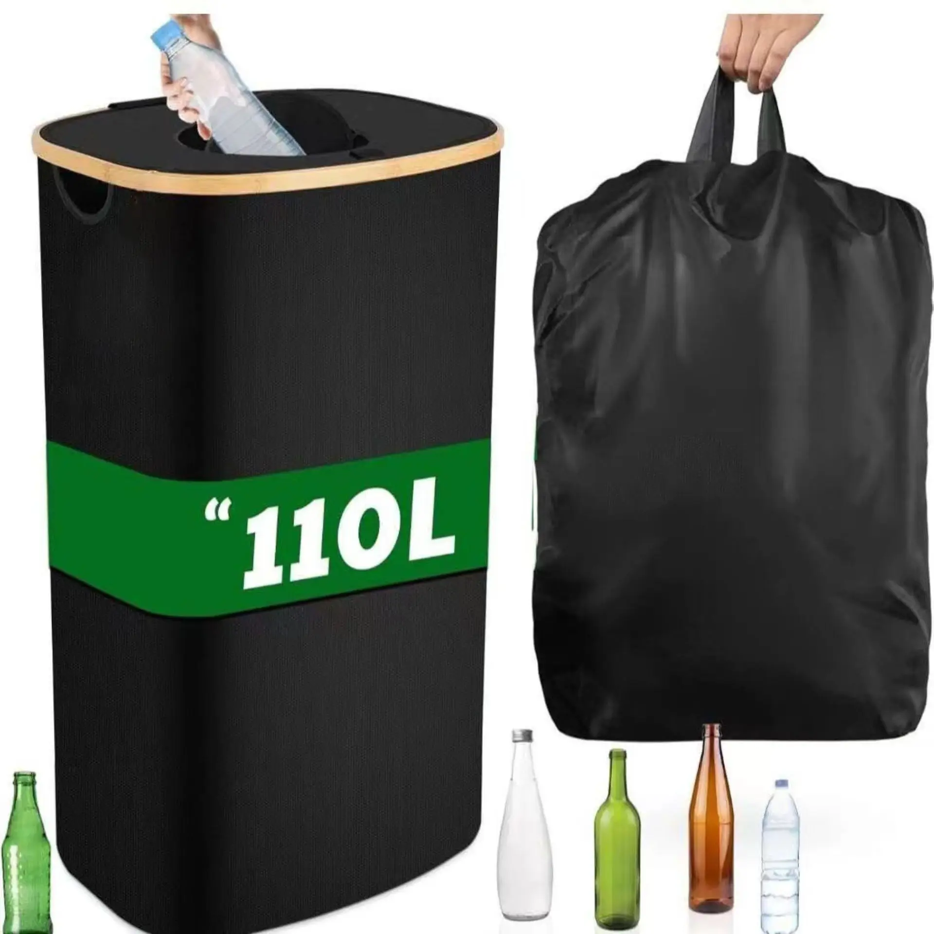 Poubelle de tri des déchets à double compartiment de 140 L avec couvercle en bambou, panier de tri des déchets de grande capacité avec sacs intérieurs amovibles et lavables, conteneur de rangement pour la maison, la cuisine et les déchets recyclables