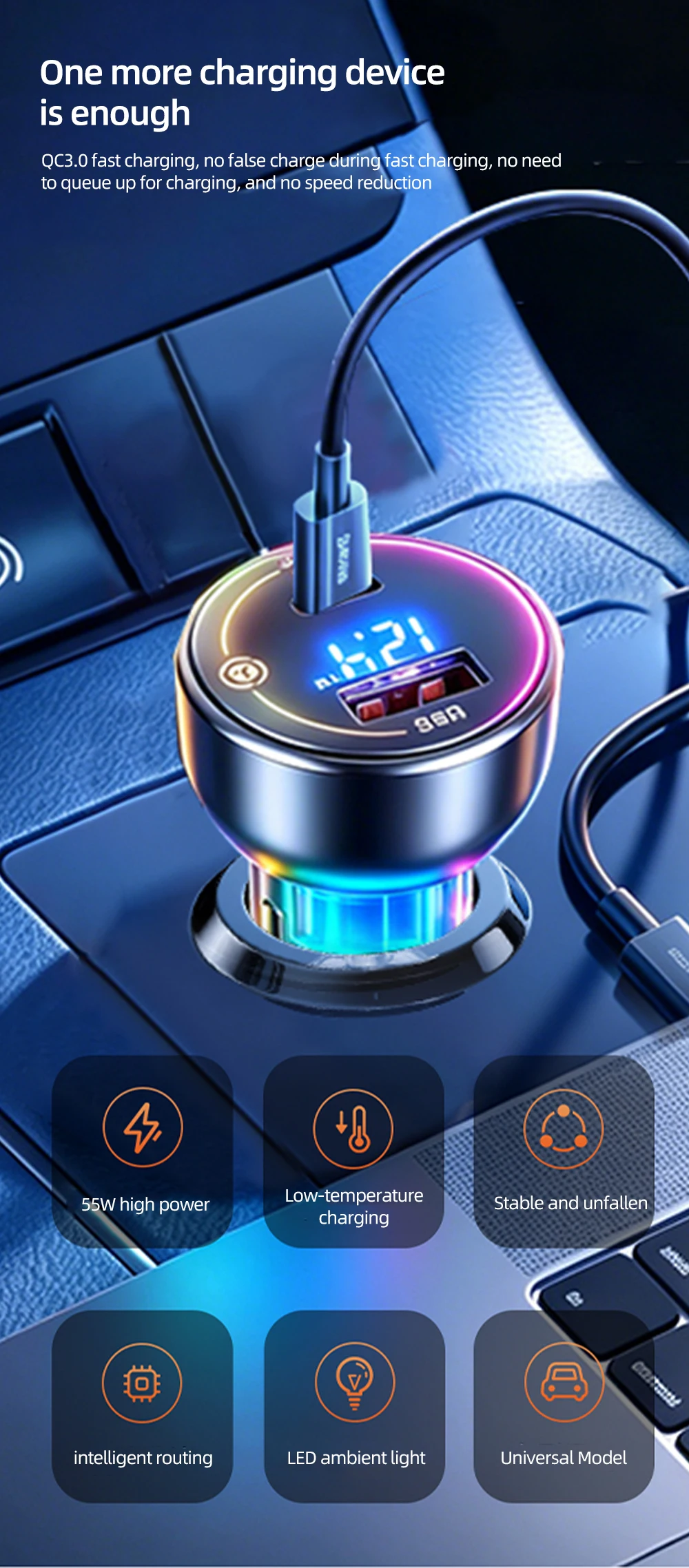 55W Car Charger Fast Charging Cigarette Lighter Plug PD QC3.0 USB Type-C Charge Adapter with Digital Display Car Accessories