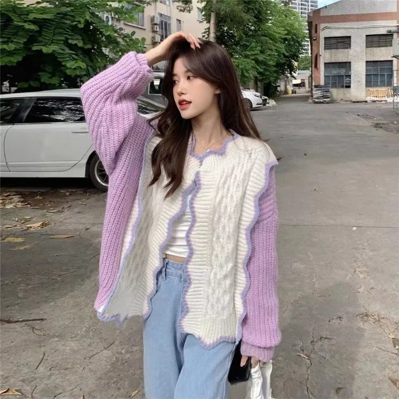 Purple Knitting Cardigan Coat Women Autumn Simplicity V-neck Long Sleeve Sweater Fashion All-match Office Lady Knitwear Tops