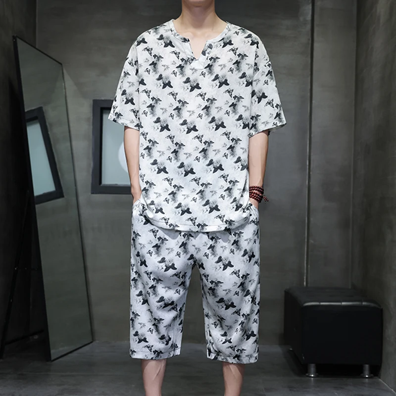 2025 Summer Two-piece Set Ice Silk Short Sleeved Men's Sets Retro Print Loose Casual V-neck T-shirts+shorts Social Streetwear
