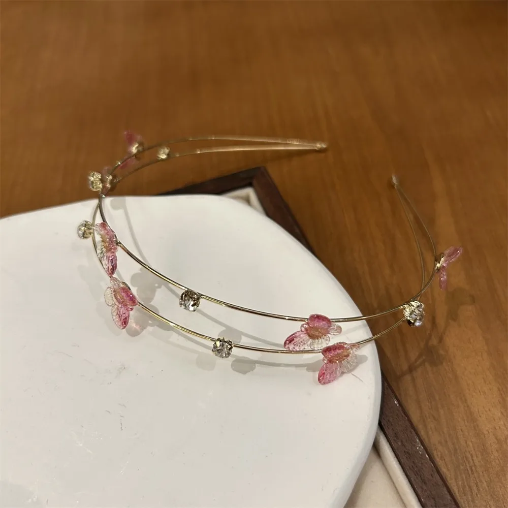 Double Root Colorful Butterfly Flower Hair Hoop Sweet And Fine Edged Alloy Headband Simple And Versatile Hair Accessories