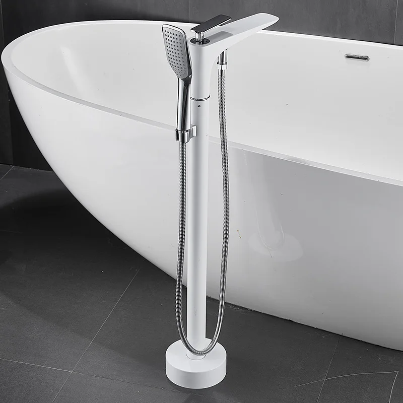 

White floor-to-ceiling bathtub faucet Full copper cylinder edge wooden bucket faucet Bathroom independent hot and cold water sho