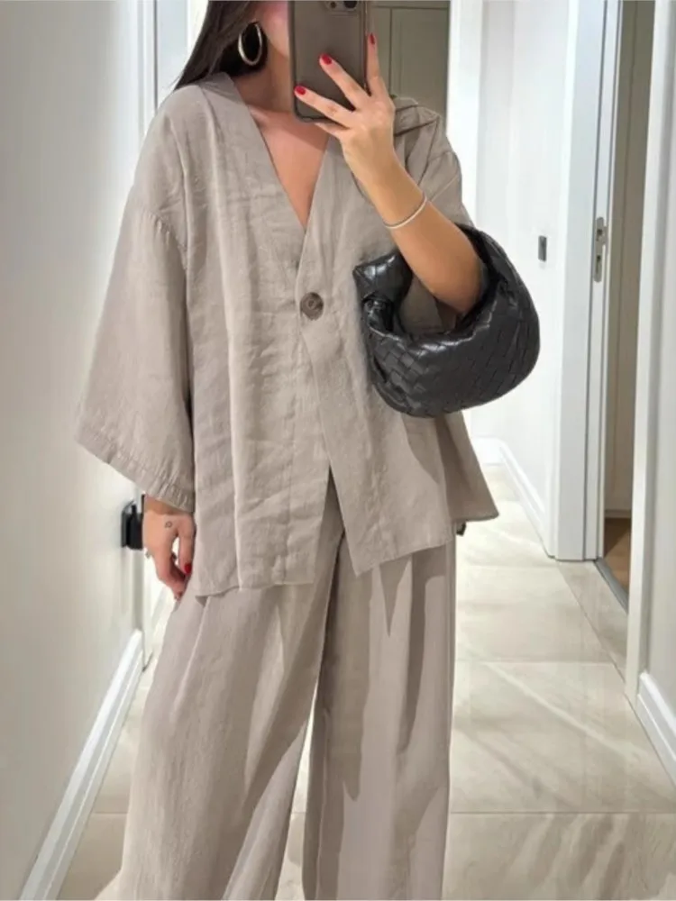 

Spring Summer 2 Pieces Outfits Women's Trouser Suit Solid Long Sleeve Single Button Blazer High Waist Wide Leg Pants Female Suit