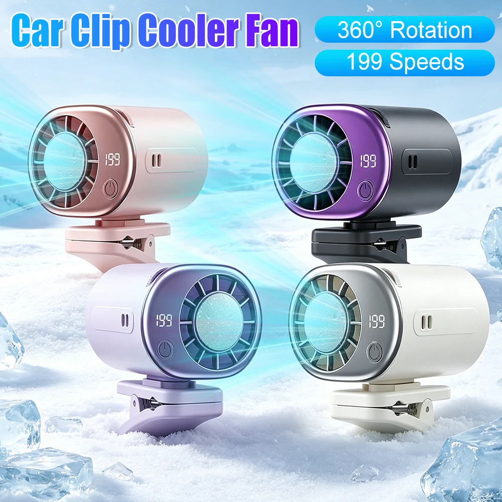 Personal Fan Clip On Car Air Conditioner Fan 199 Speeds Vehicle Cooling Fan with LED Display Summer Portable Mini Cooler Fans