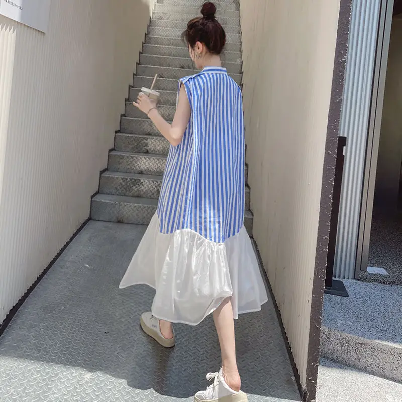 

Oversized Korean Patchwork Long Dress Women Clothing Fashion Striped Pleated Irregular Shirt Dress Sleeveless Trend Dresses