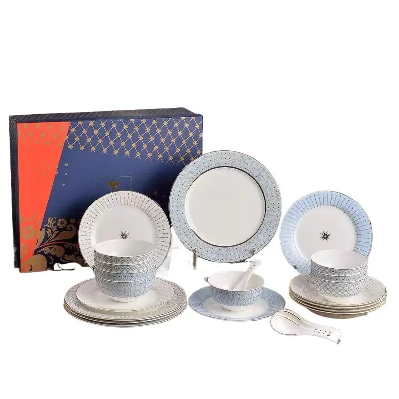 Nordic Style Bone China 24 Piece Dinnerware Set Gold Painted Plates Bowls Spoons High End Flat Household Dinner Plates