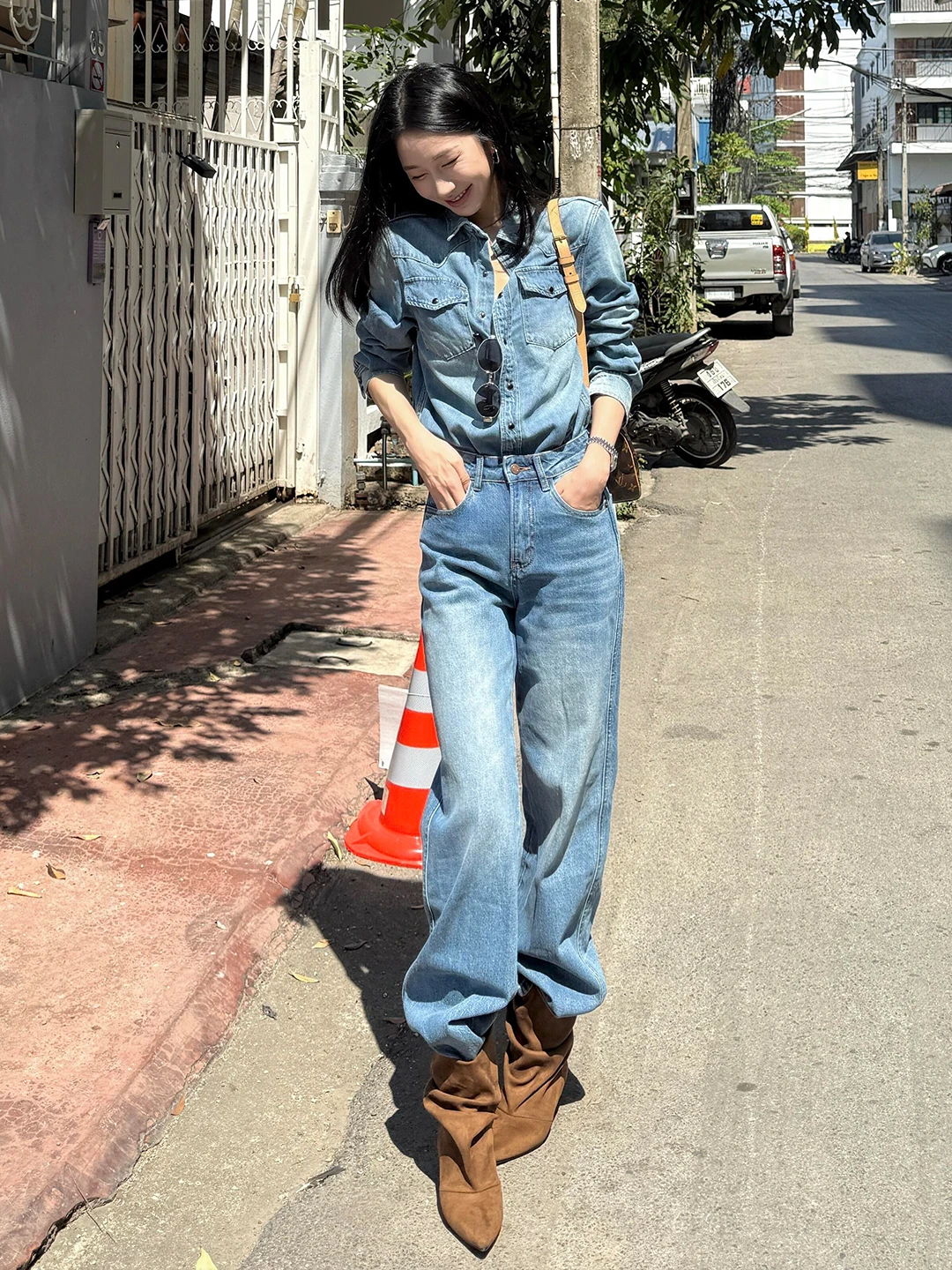 Loose Fit Denim Shirt And Wide Leg Pants Women's Fashion Set Casual Style High Waist Trousers Button up Top Autumn Collection