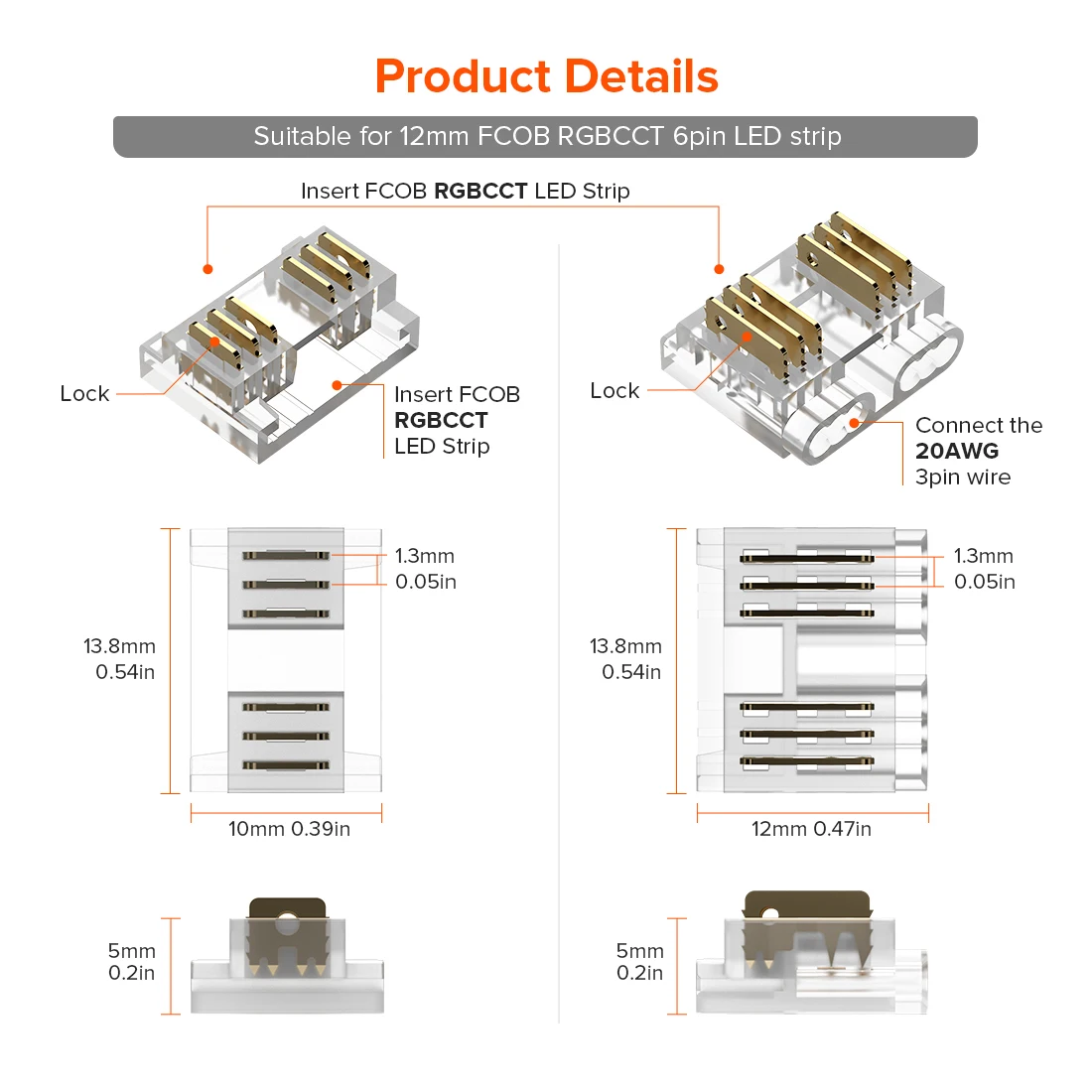 18PCS 12mm Transparent Cover Connector Kits for PWM 5pin RGBW 6pin RGBCCT Transparent Gapless Connectors with Extension Wire