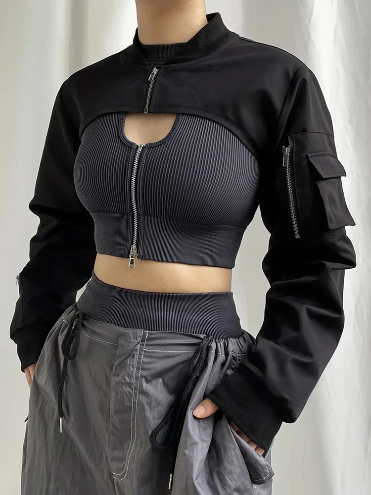 Zip Up Stand Collar Long Sleeve Black Cropped Jackets Women Pocket Streetwear