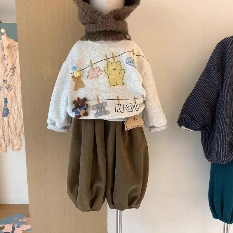 

2025 Autumn and Winter New Children's Plush Cartoon Cute Hoodie and Warm Thick Sweatpants Two-piece Set