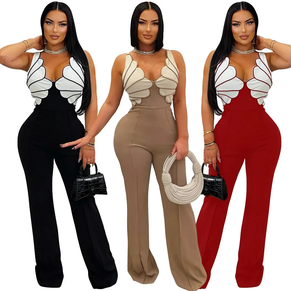 

Sexy Nightclub Party Dance Gathering Club Banquet Solid-Colour V-Neck Sleeveless Fitted Jumpsuit Casual Trousers