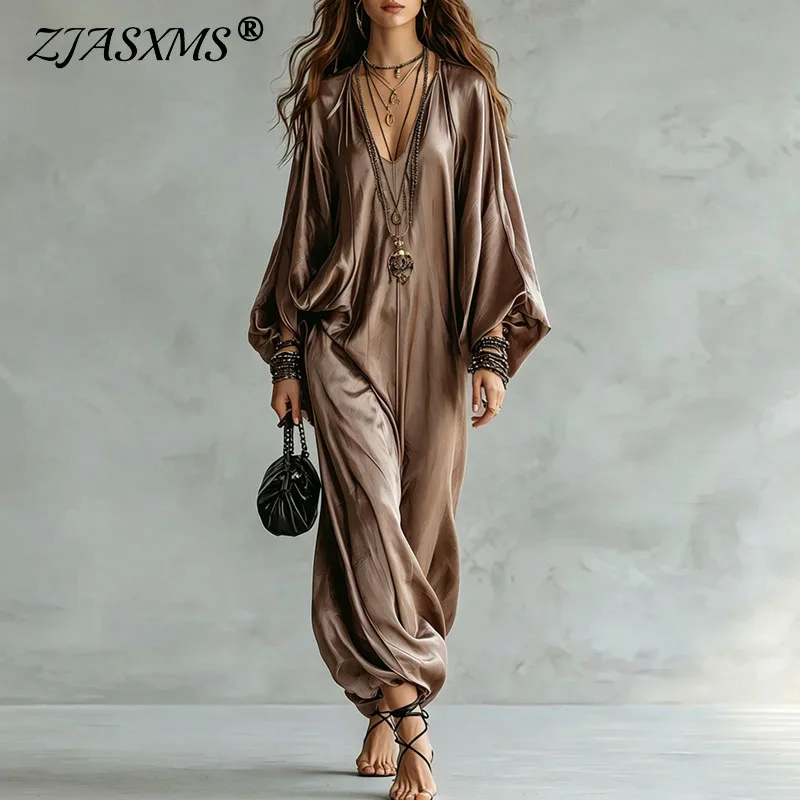 Solid V‑Neck  Satin Overalls Women Deep Batwing Long Sleeve Baggy Harem Long Pants Jumpsuit Bohemian Vacation Daily Loose Romper