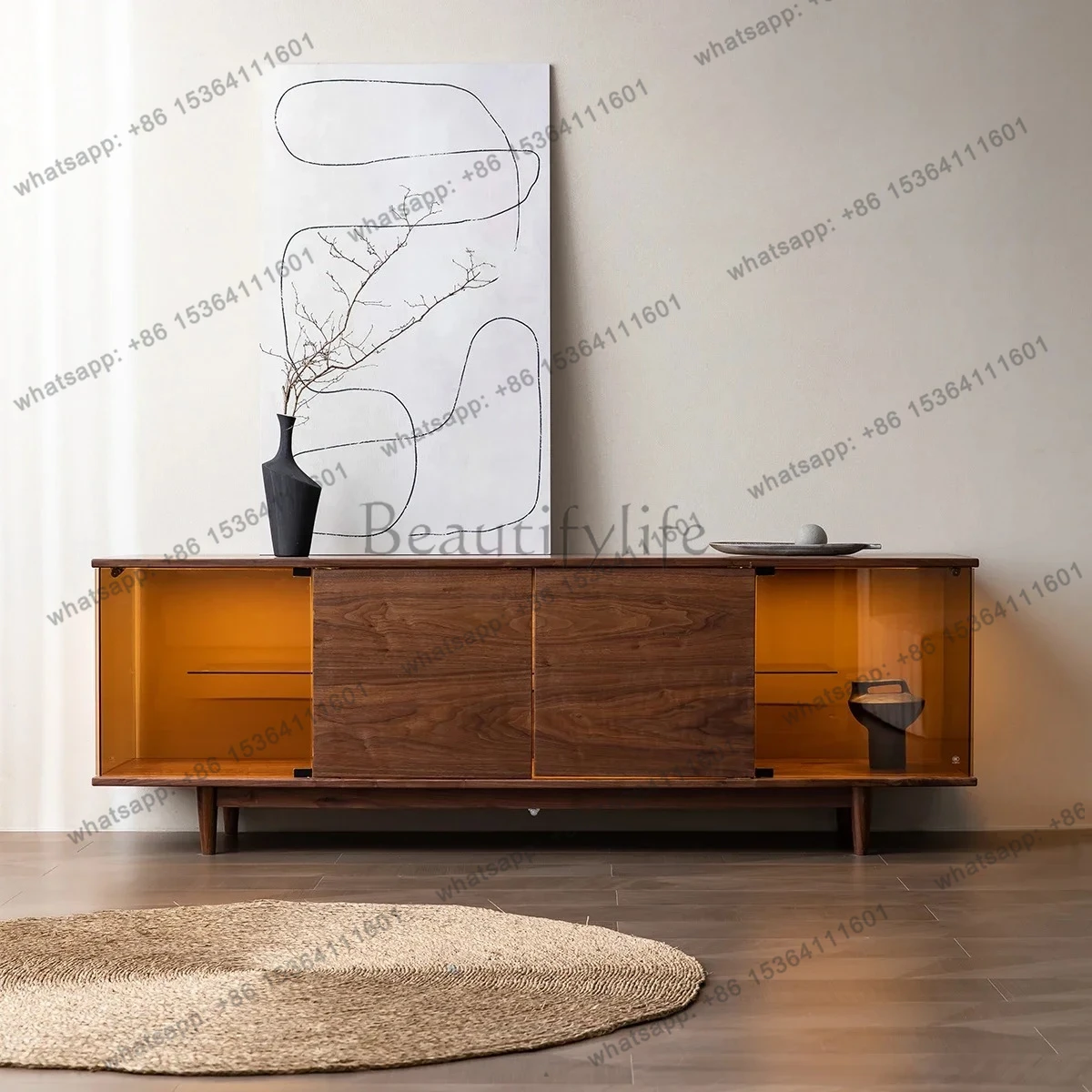 

Nordic Japanese-style black walnut TV cabinet pure solid wood medieval living room display simple glass locker