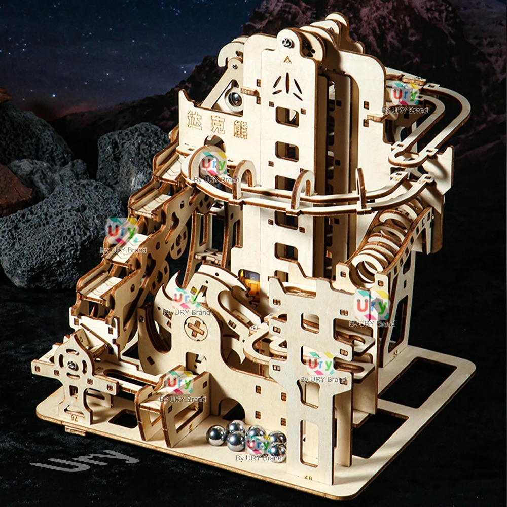 Mechanical Marble Run Wooden Puzzle Set with Electric Catapult 6