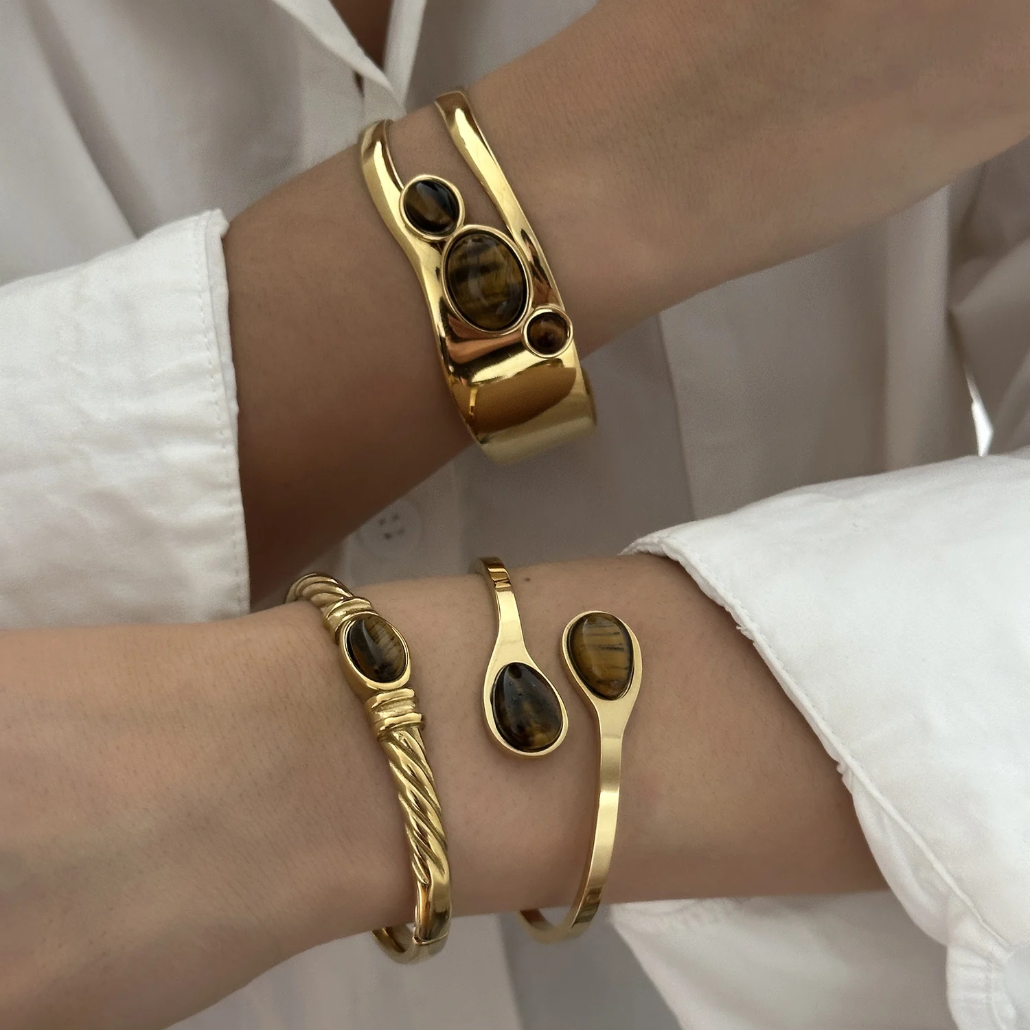 Extravagantes Retro-Armband aus Vergoldetem Edelstahl für Damen und Herren mit Naturstein, Glatt und Hohl, Charm-Schmuck Geschenke – Detail 1