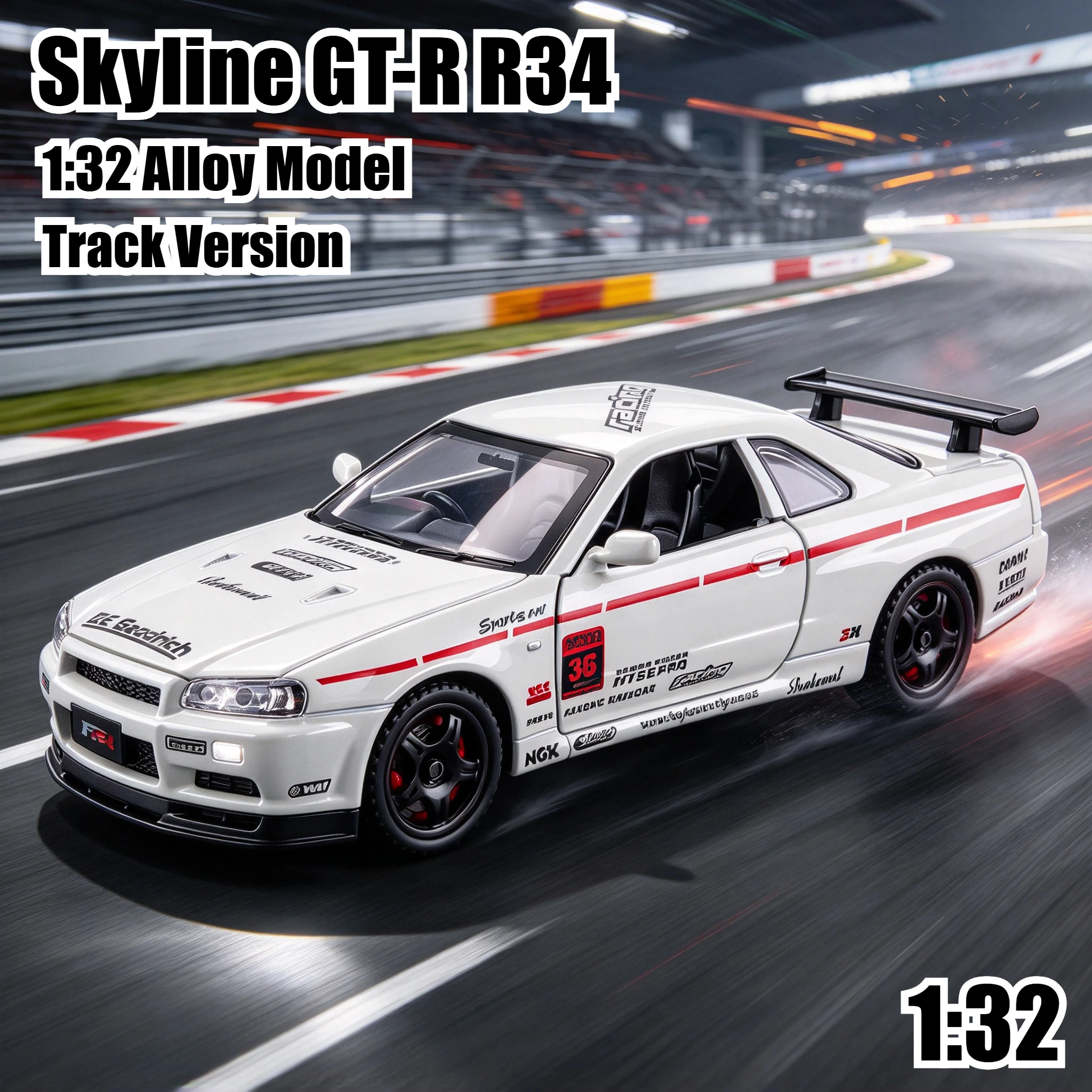 1:32 Skyline GT-R R34 Track Version Simulation Alloy Car Model Sound and Light Effect Pullback Desktop Ornament Toy Gift
