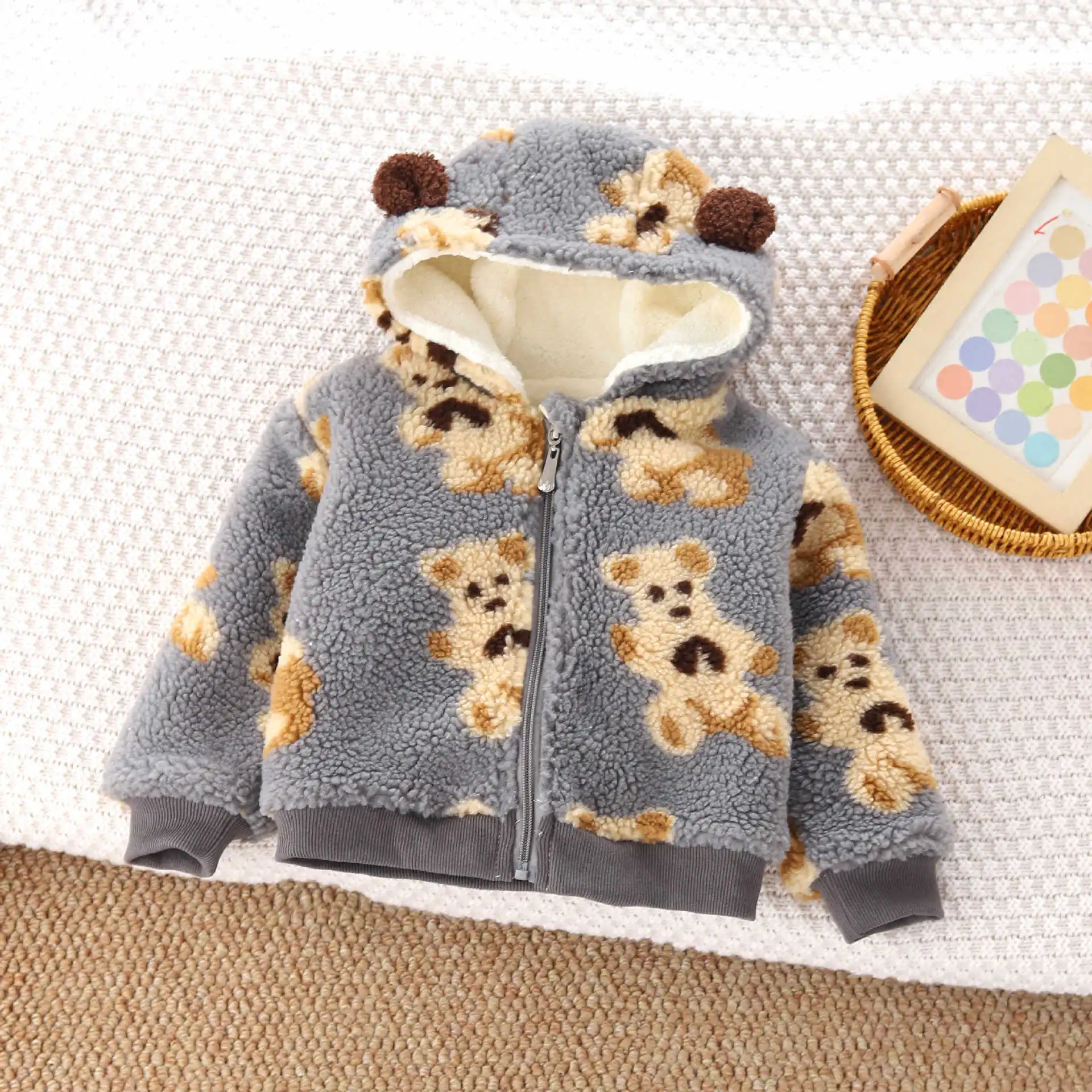 Toddler Kids Cartoon Bear Print Fleece Hooded Jacket Ear Decor Full Zip Sherpa Coat Warm Winter Outerwear for Boys Girls