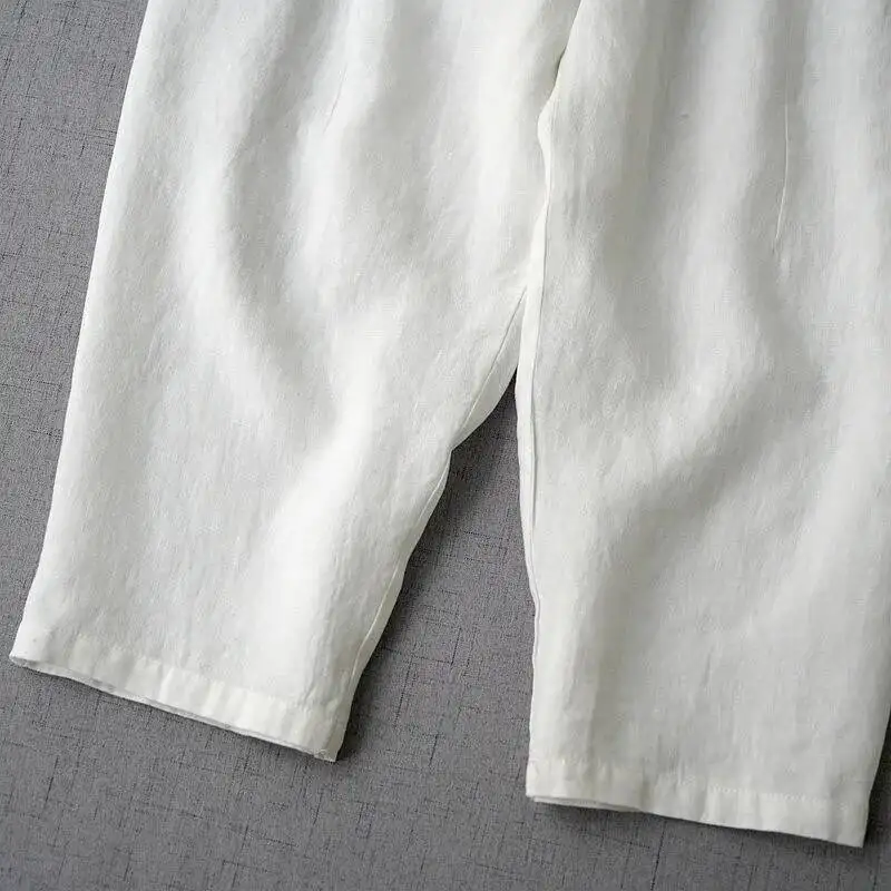 2025 Summer Women Cotton Linen Pants Vintage Elastic Waist Solid Pants All-matched Casual Loose Harem Trousers Pantalon