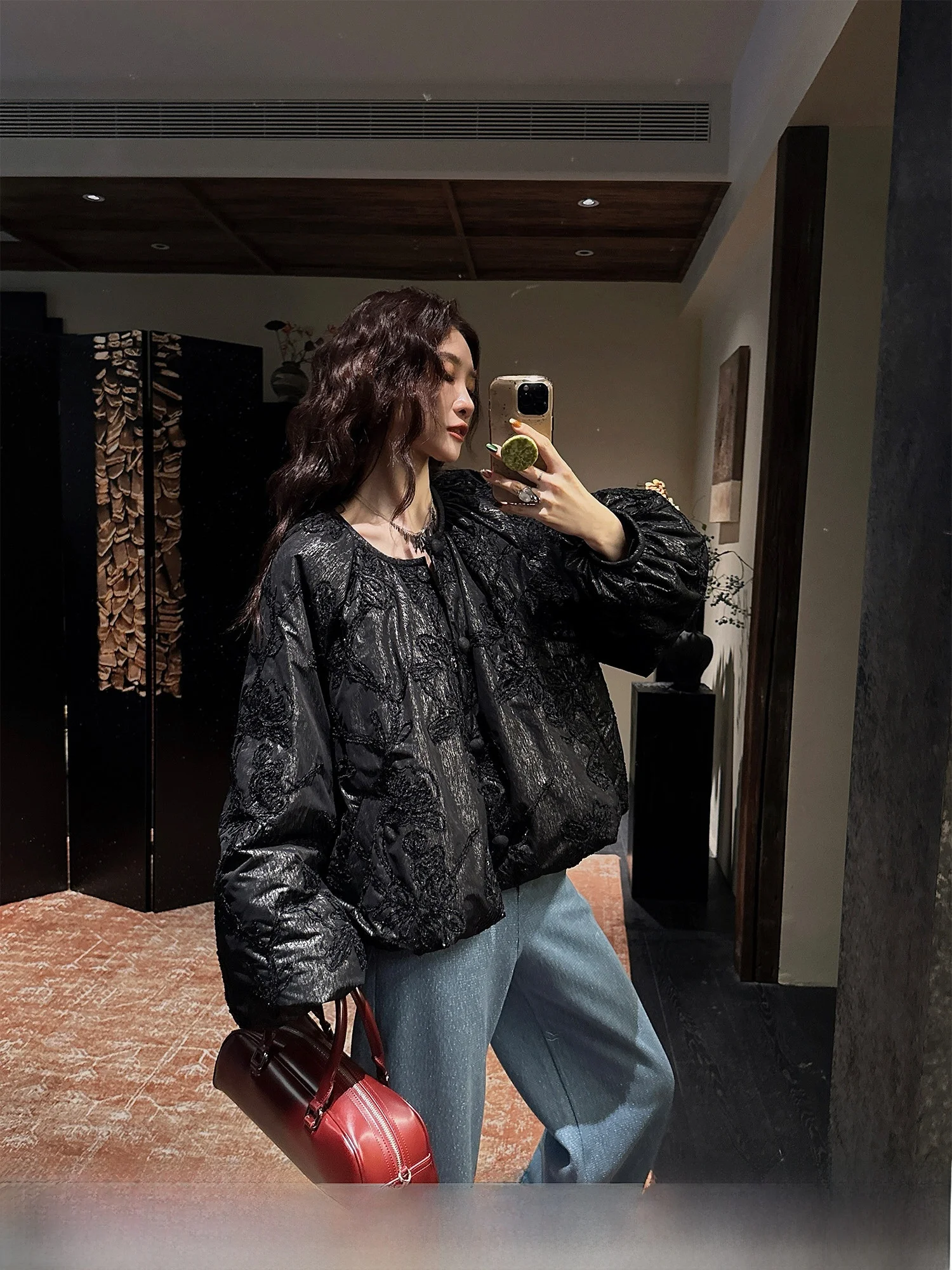 

Sanji Bla Flower New Chinese Sle Goose down Jaet Women's ort Coat Winter Faionable Warm High Waist Long Sve