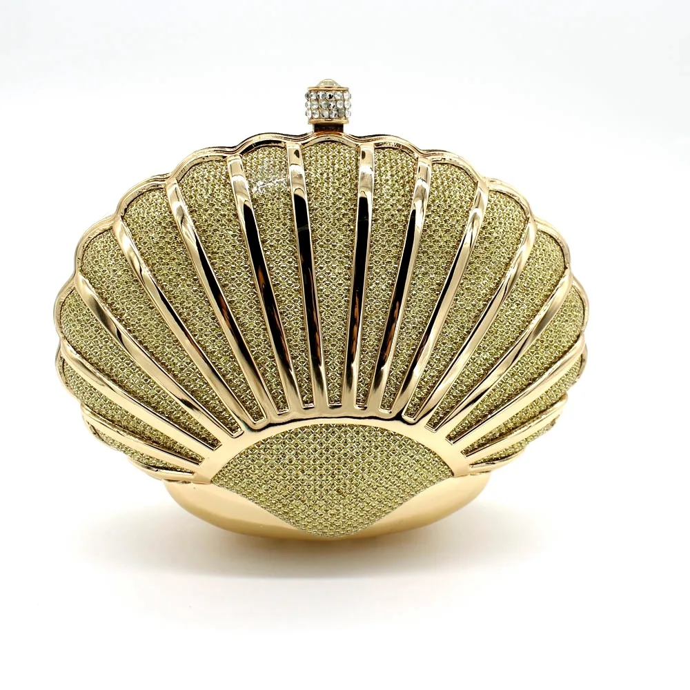 

Women's Glamorous Shiny Material Shell Shaped Evening Bag Long Metal Chain Small Hard-cased Clutch Chic Purse for Party