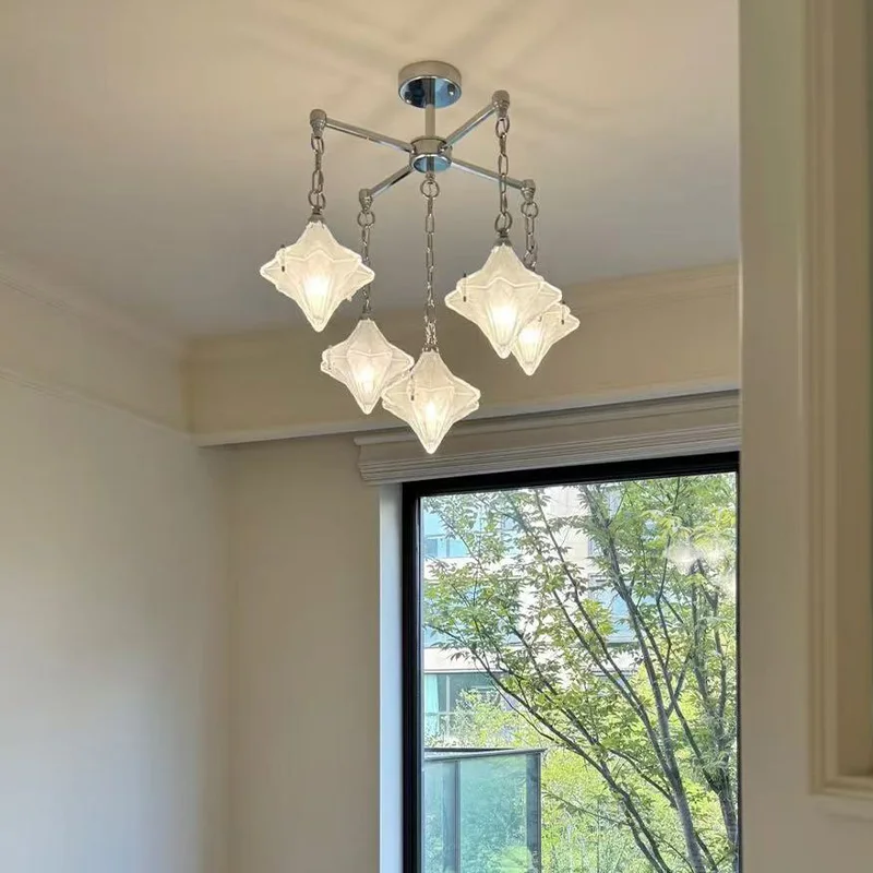 

French Vintage Murano Star Pendant Lamp Metal Glass Gold Silvery Finish Dimmable Ceilings Lustre for Living Room