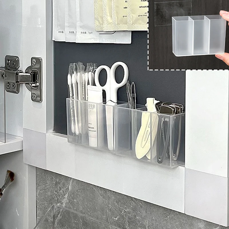 Wall Mounted 3Grids Organizer Mirror Cabinet Self-adhesive Small Objects Storage Box Eyebrow Pencil Lipstick Lip Glaze Organizer