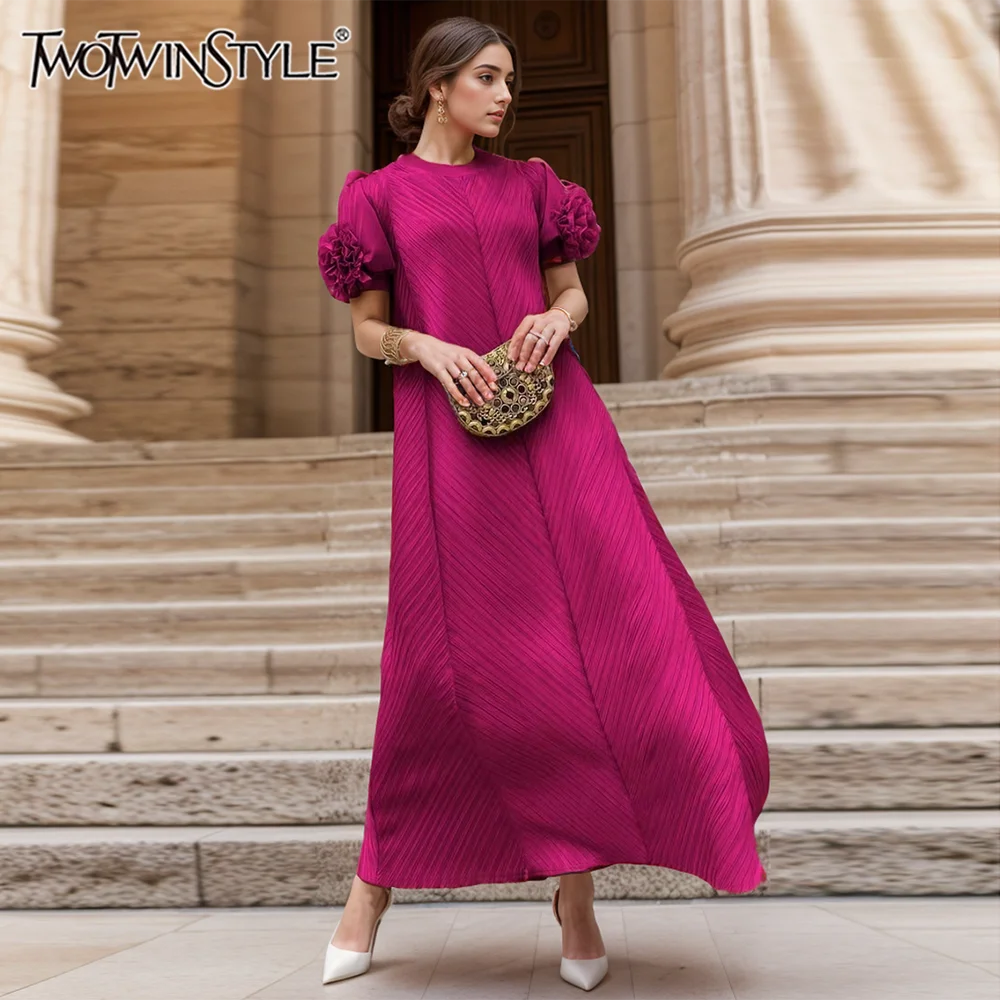 

GYMAMAZES Minimalist Long Dresses For Women Round Neck Short Sleeve High Waist Spliced Peated Elegant Dress Female New KDR509851