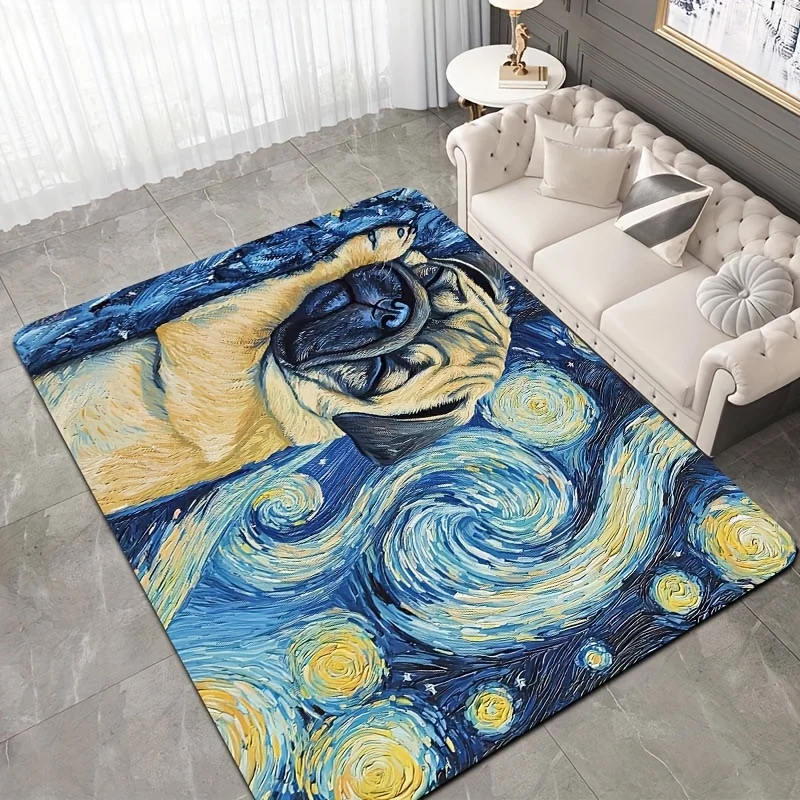 2D Flat Starry Night Pug Flannel Area Rug Non Slip Artistic Dog Lover Carpet for Living Room Bedroom Pet Friendly Floor Decor