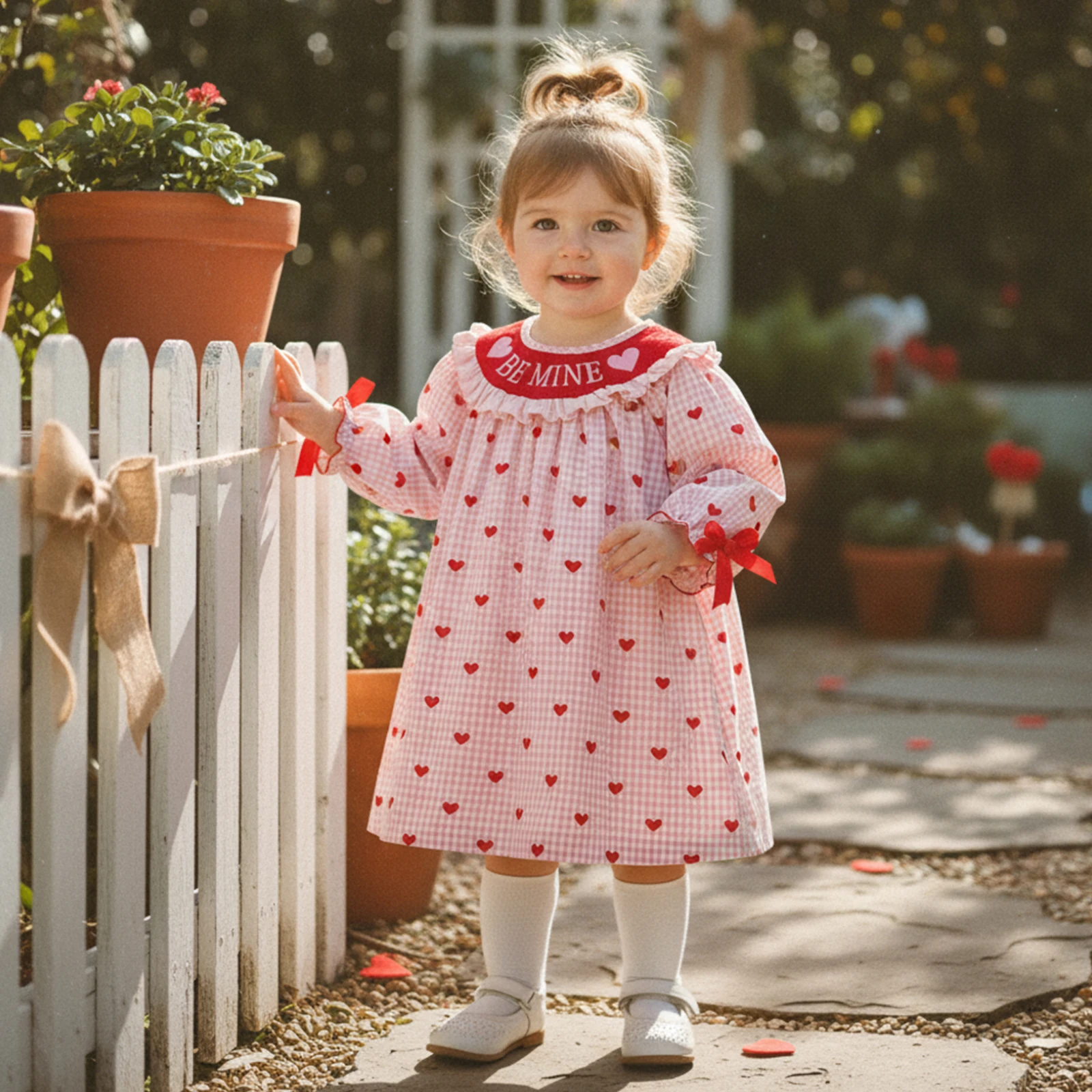 

Kids Girls Valentine's Day Dress, Long Sleeve Crew Neck Heart Letter Embroidery Plaid Dress Spring Fall A-line Dress