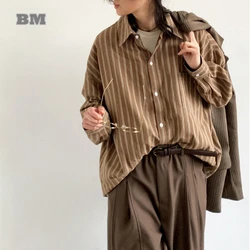 Korean Fashion Brown Striped Shirt For Men Women Clothing Kpop Preppy Couple Long Sleeves Streetwear Loose Thin Tops Hip Hop